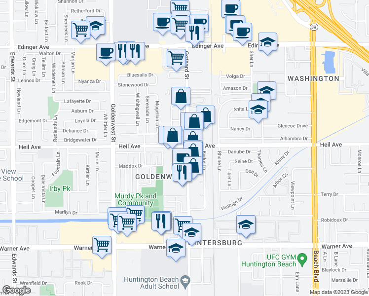 map of restaurants, bars, coffee shops, grocery stores, and more near 16562 Heil Avenue in Huntington Beach