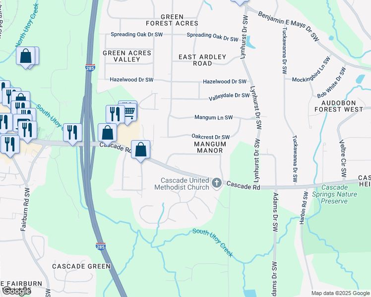 map of restaurants, bars, coffee shops, grocery stores, and more near 3229 Kingsdale Drive Southwest in Atlanta