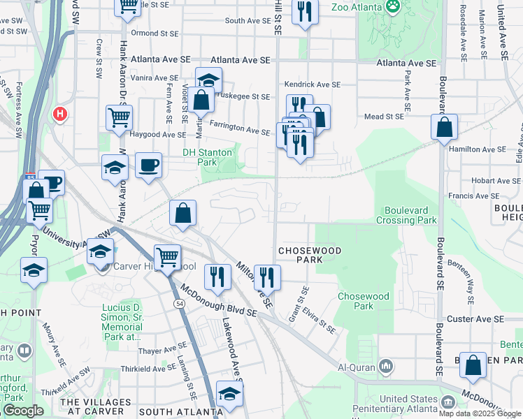 map of restaurants, bars, coffee shops, grocery stores, and more near 1155 Hill Street Southeast in Atlanta