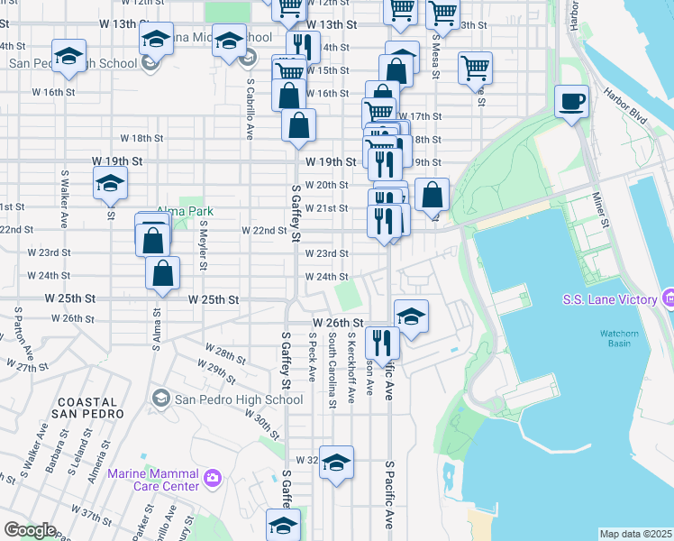 map of restaurants, bars, coffee shops, grocery stores, and more near 2331 South Grand Avenue in Los Angeles