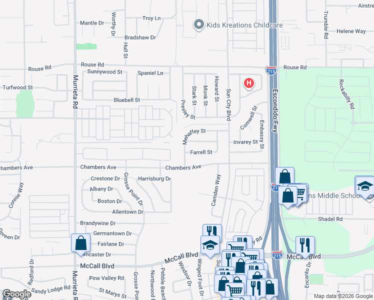 map of restaurants, bars, coffee shops, grocery stores, and more near 26528 Farrell Street in Menifee
