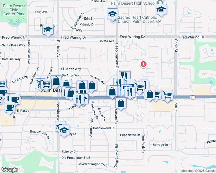 map of restaurants, bars, coffee shops, grocery stores, and more near 74451 De Anza Way in Palm Desert