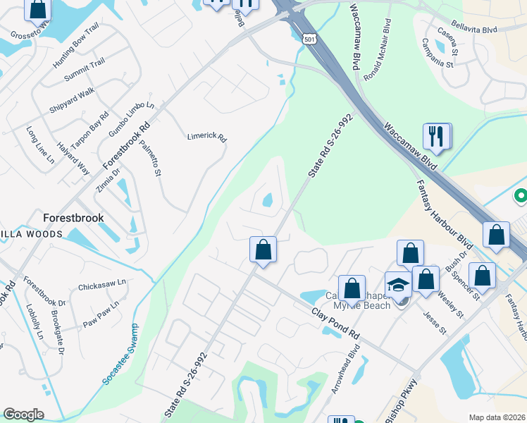 map of restaurants, bars, coffee shops, grocery stores, and more near 186 Rocko Drive in Myrtle Beach