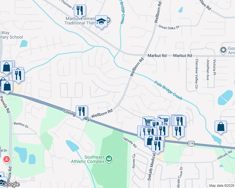 map of restaurants, bars, coffee shops, grocery stores, and more near 5816 Wind Gate Lane in Lithonia