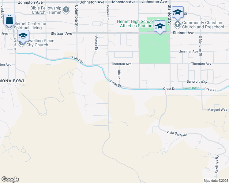 map of restaurants, bars, coffee shops, grocery stores, and more near 27560 Cornell Street in Hemet