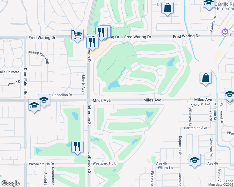map of restaurants, bars, coffee shops, grocery stores, and more near 80170 Royal Birkdale Drive in Indio