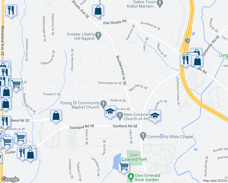 map of restaurants, bars, coffee shops, grocery stores, and more near 1387 Orange Blossom Terrace Southeast in Atlanta
