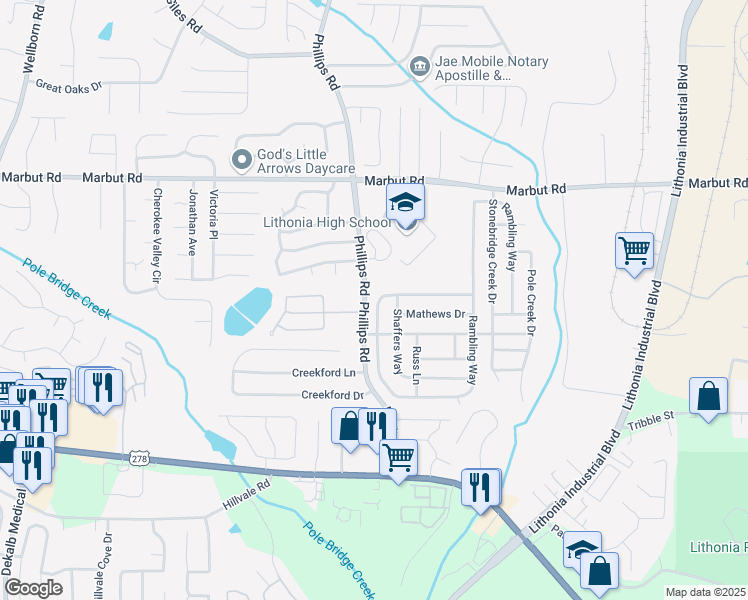 map of restaurants, bars, coffee shops, grocery stores, and more near 2319 Rambling Way in Lithonia