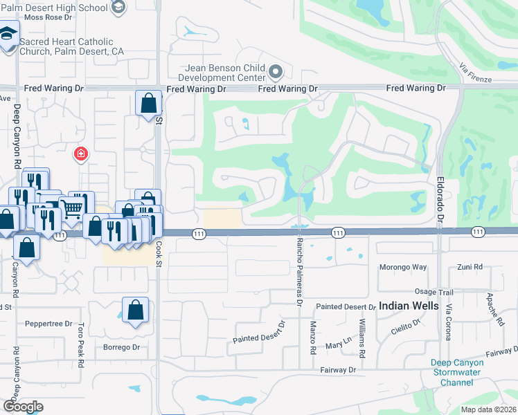 map of restaurants, bars, coffee shops, grocery stores, and more near 75385 Riviera Drive in Indian Wells