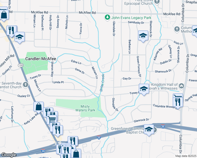 map of restaurants, bars, coffee shops, grocery stores, and more near 2480 Miriam Lane in Decatur