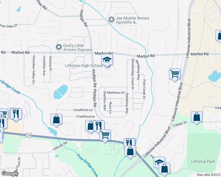 map of restaurants, bars, coffee shops, grocery stores, and more near 2270 Rambling Way in Lithonia