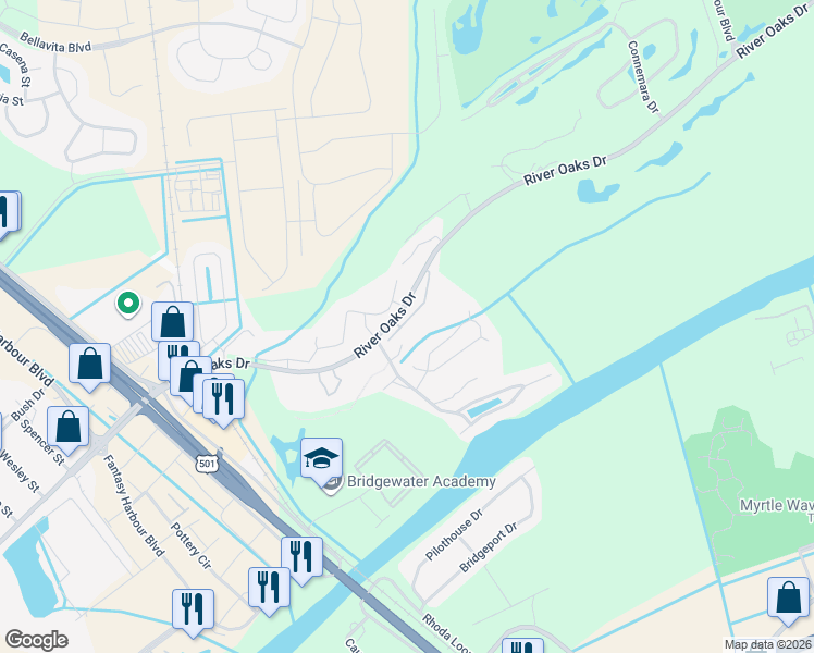 map of restaurants, bars, coffee shops, grocery stores, and more near 620 River Oaks Drive in Myrtle Beach
