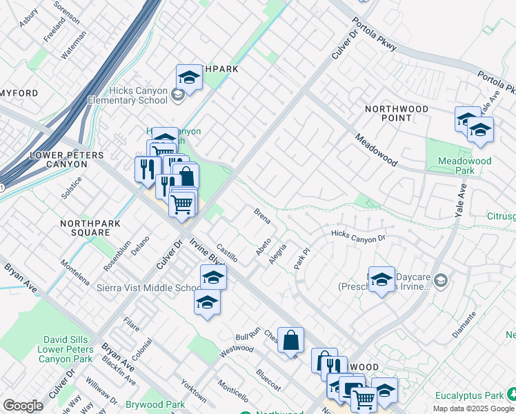 map of restaurants, bars, coffee shops, grocery stores, and more near 24 Brena in Irvine