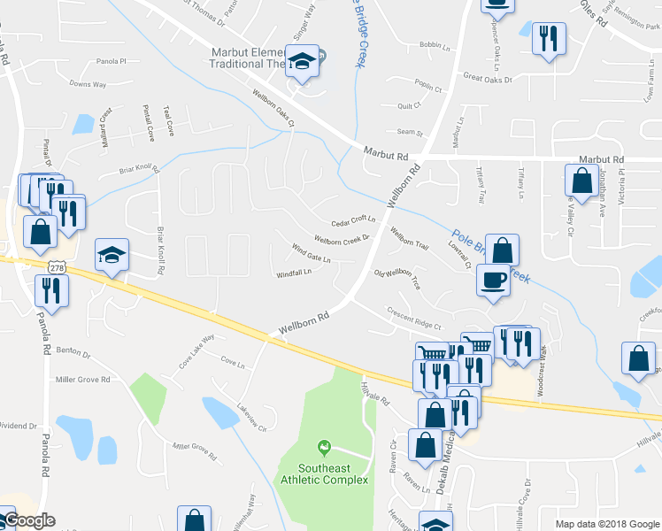 map of restaurants, bars, coffee shops, grocery stores, and more near 5805 Wind Gate Lane in Lithonia