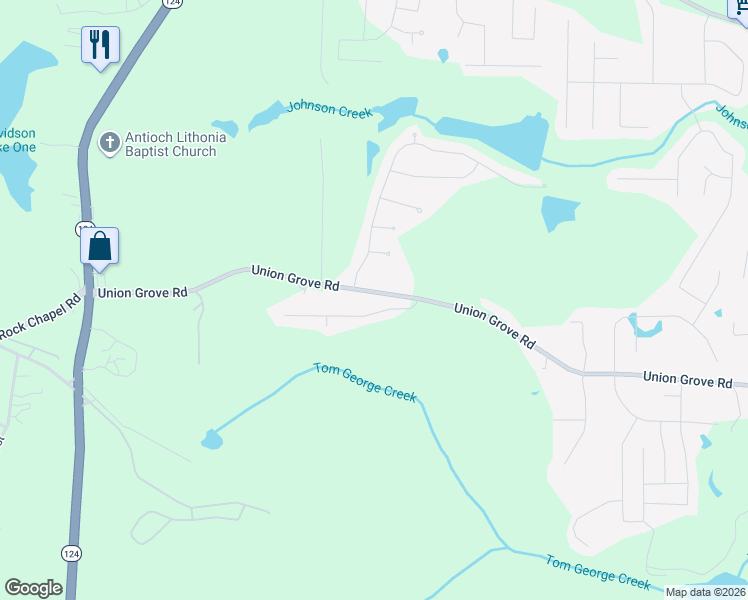 map of restaurants, bars, coffee shops, grocery stores, and more near 7518 Union Grove Road in Lithonia