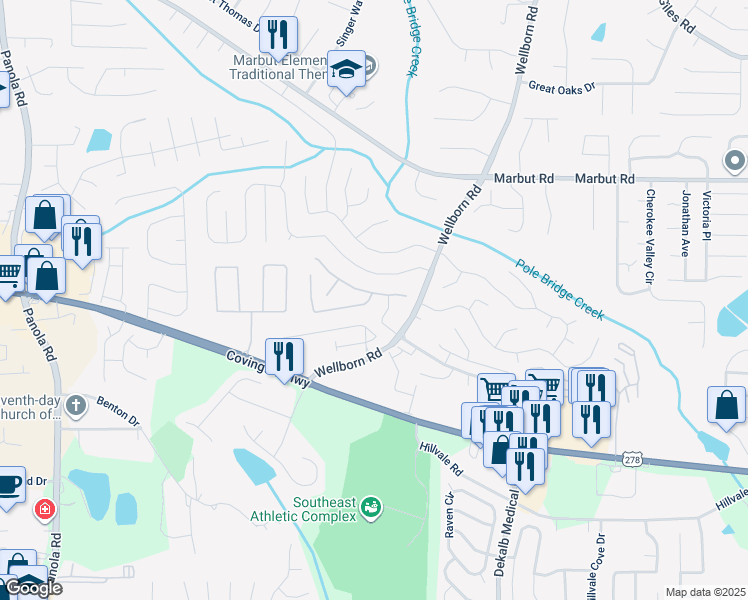 map of restaurants, bars, coffee shops, grocery stores, and more near 5816 Wind Gate Lane in Lithonia