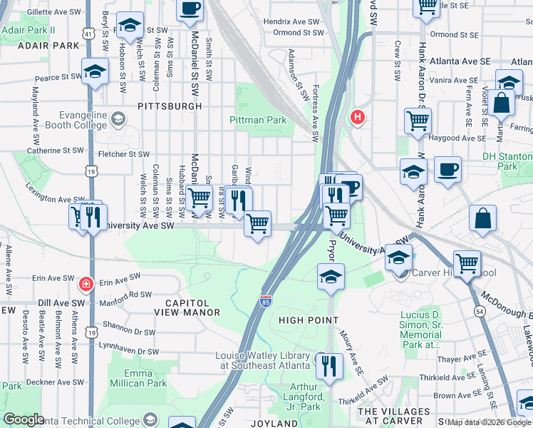 map of restaurants, bars, coffee shops, grocery stores, and more near 1162 Booker Avenue Southwest in Atlanta