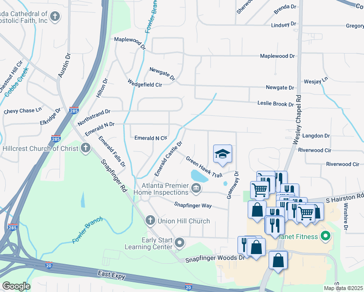 map of restaurants, bars, coffee shops, grocery stores, and more near 2228 Emerald Castle Drive in Decatur