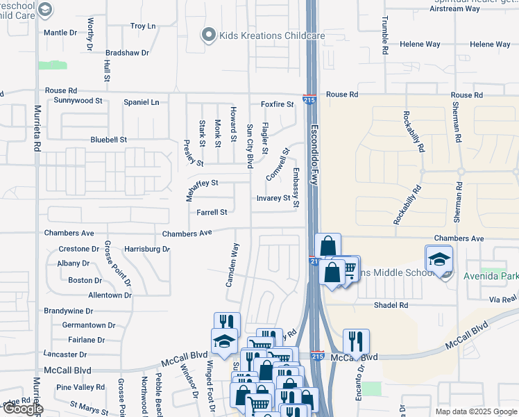 map of restaurants, bars, coffee shops, grocery stores, and more near 27481 Embassy Street in Menifee