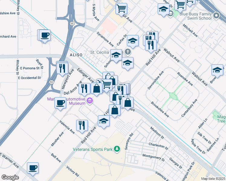 map of restaurants, bars, coffee shops, grocery stores, and more near 1421 Edinger Ave in Tustin