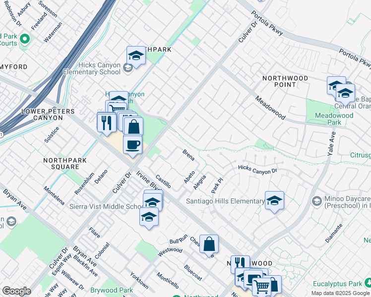 map of restaurants, bars, coffee shops, grocery stores, and more near 24 Brena in Irvine