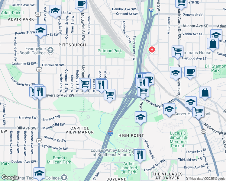 map of restaurants, bars, coffee shops, grocery stores, and more near 1176 Booker Avenue Southwest in Atlanta