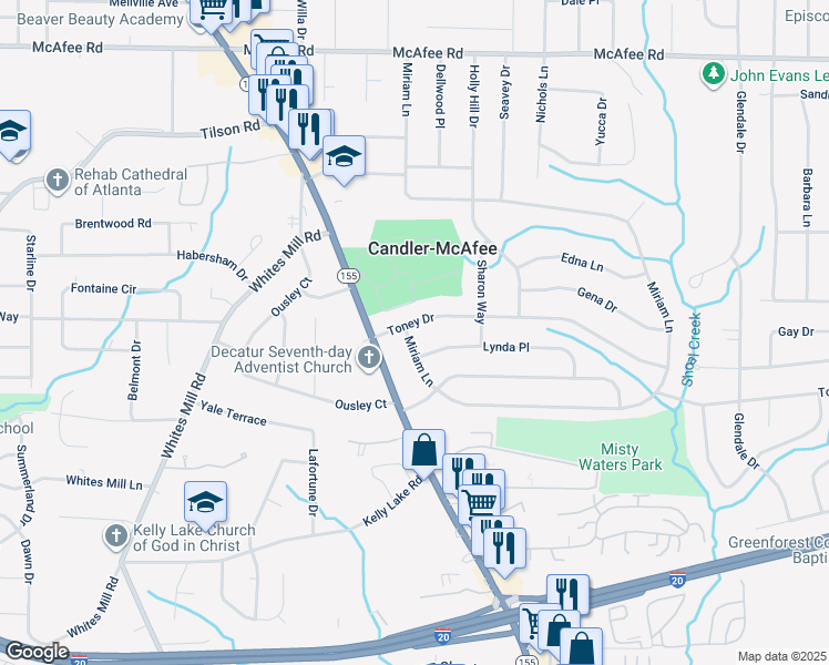 map of restaurants, bars, coffee shops, grocery stores, and more near 2785 Toney Drive in Decatur