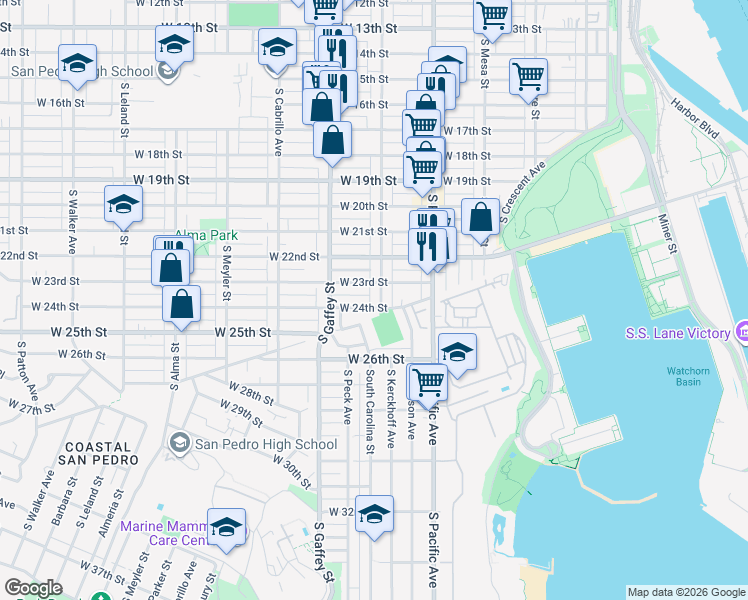 map of restaurants, bars, coffee shops, grocery stores, and more near 2331 South Grand Avenue in Los Angeles