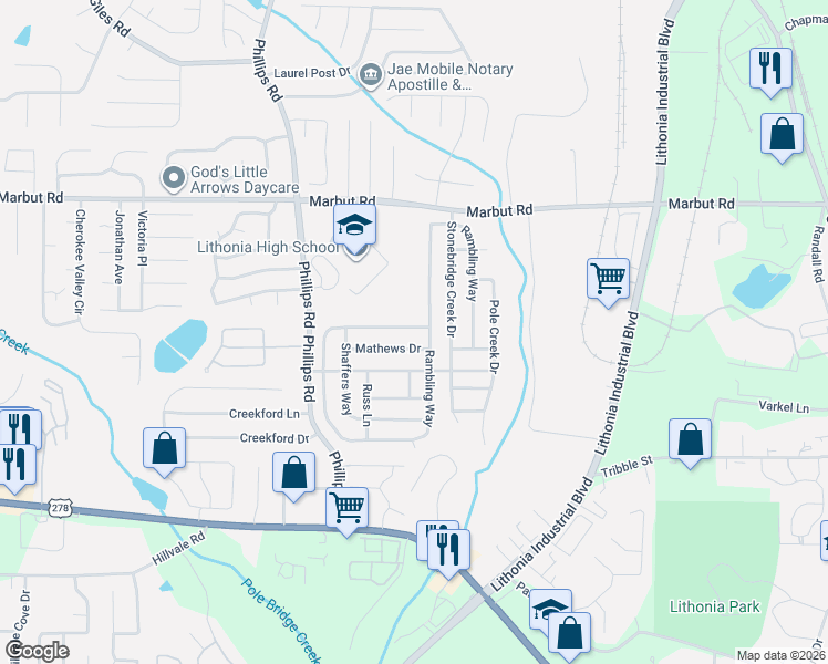 map of restaurants, bars, coffee shops, grocery stores, and more near 2221 Rambling Way in Lithonia