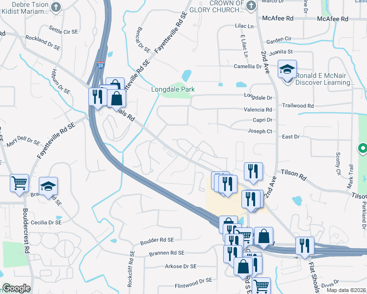 map of restaurants, bars, coffee shops, grocery stores, and more near 2114 Shropshire Lane Southeast in Atlanta