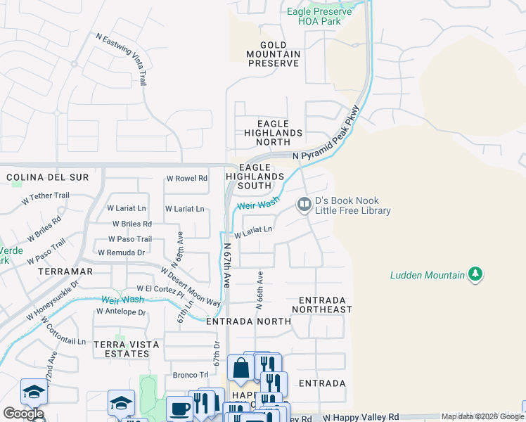 map of restaurants, bars, coffee shops, grocery stores, and more near 6610 West Briles Road in Phoenix