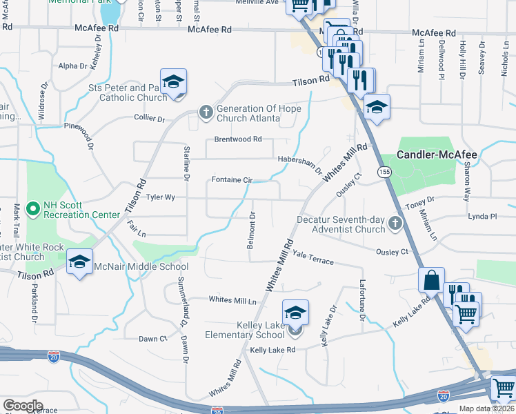 map of restaurants, bars, coffee shops, grocery stores, and more near 2283 Belmont Drive in Decatur