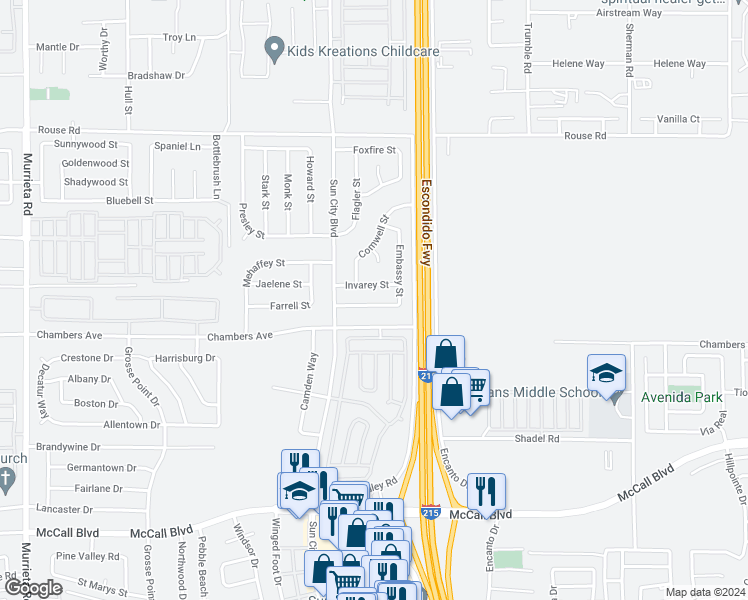 map of restaurants, bars, coffee shops, grocery stores, and more near 27431 Embassy Street in Menifee