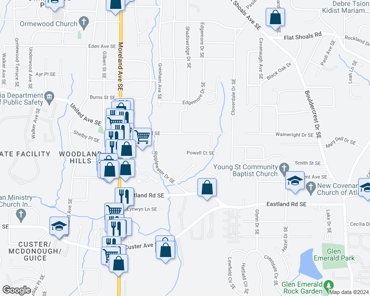 map of restaurants, bars, coffee shops, grocery stores, and more near 1136 Powell Court Southeast in Atlanta