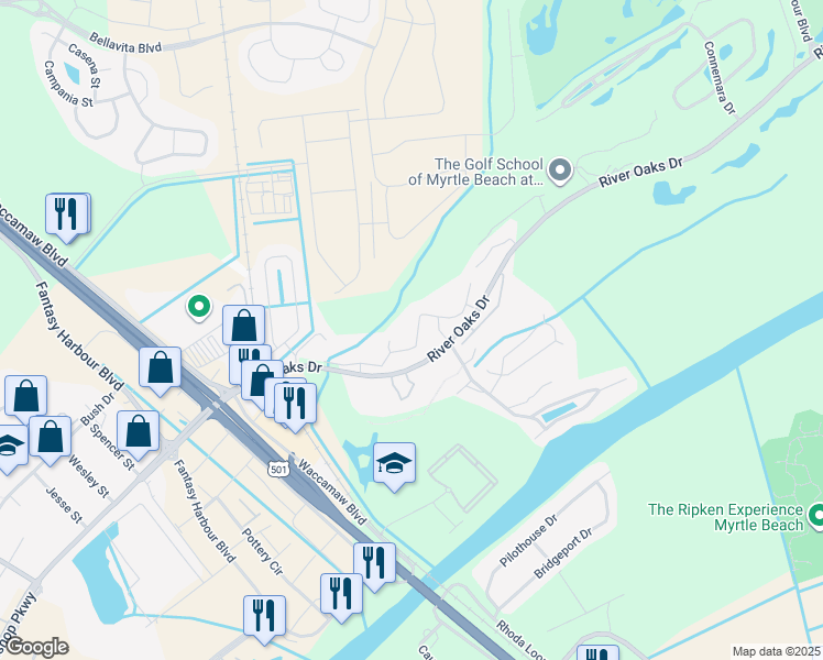 map of restaurants, bars, coffee shops, grocery stores, and more near 20 White River Drive in Myrtle Beach