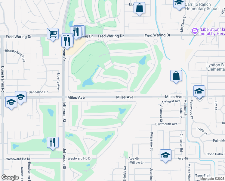 map of restaurants, bars, coffee shops, grocery stores, and more near 80206 Royal Birkdale Drive in Indio