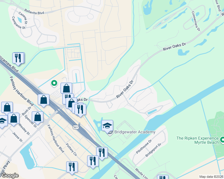 map of restaurants, bars, coffee shops, grocery stores, and more near 521 White River Drive in Myrtle Beach