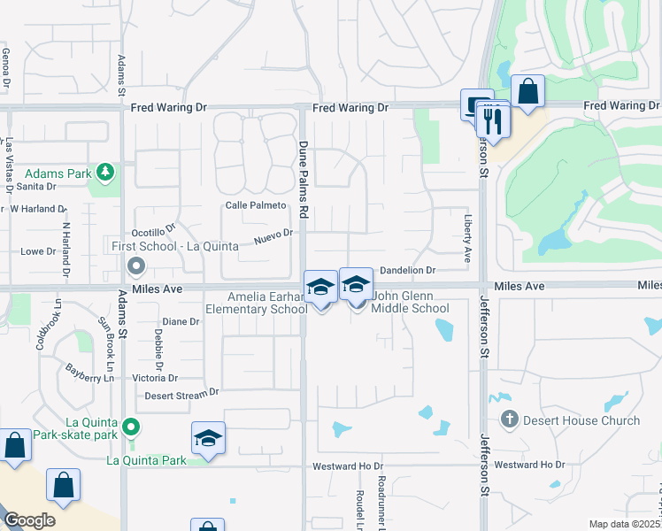 map of restaurants, bars, coffee shops, grocery stores, and more near 79534 Dandelion Drive in La Quinta