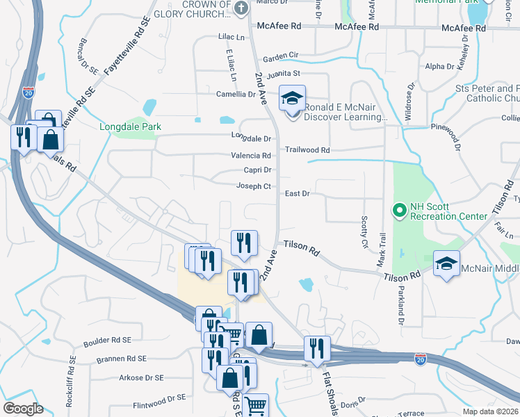 map of restaurants, bars, coffee shops, grocery stores, and more near 1947 Timberwood Trace in Decatur