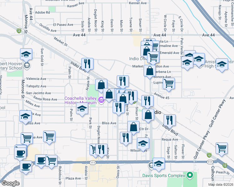 map of restaurants, bars, coffee shops, grocery stores, and more near Oasis Street in Indio