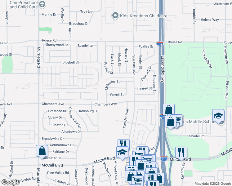 map of restaurants, bars, coffee shops, grocery stores, and more near 26592 Farrell Street in Menifee