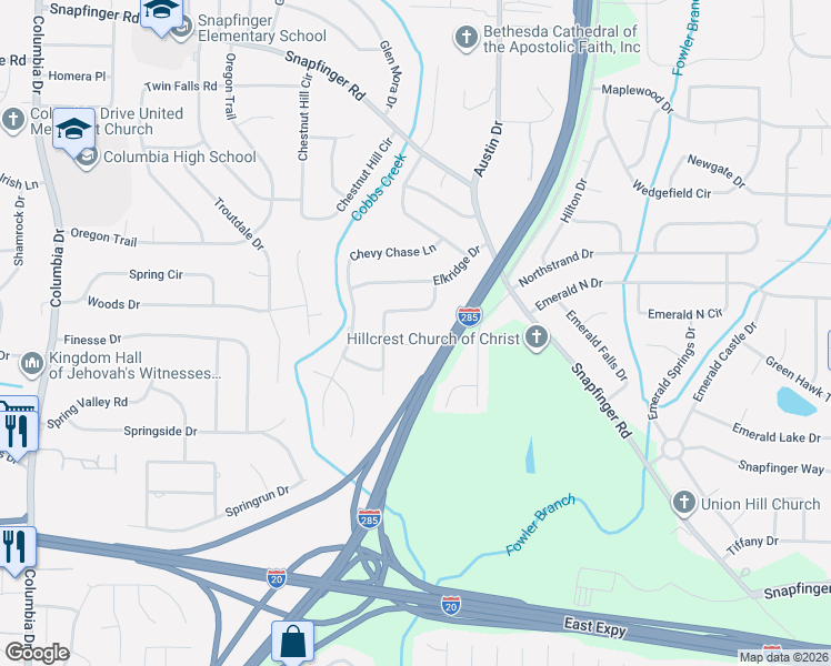 map of restaurants, bars, coffee shops, grocery stores, and more near 2186 Sterling Ridge Road in Decatur