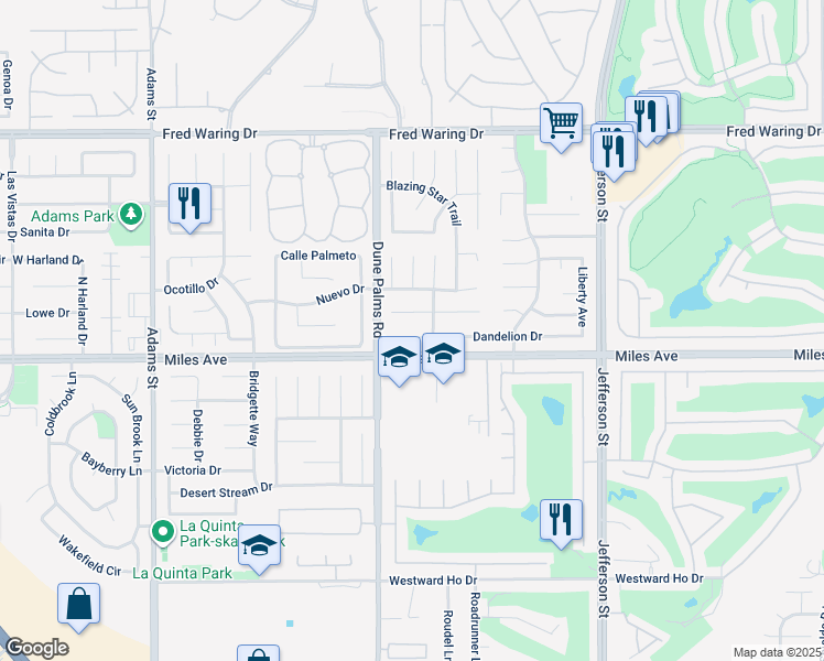map of restaurants, bars, coffee shops, grocery stores, and more near 79534 Dandelion Drive in La Quinta