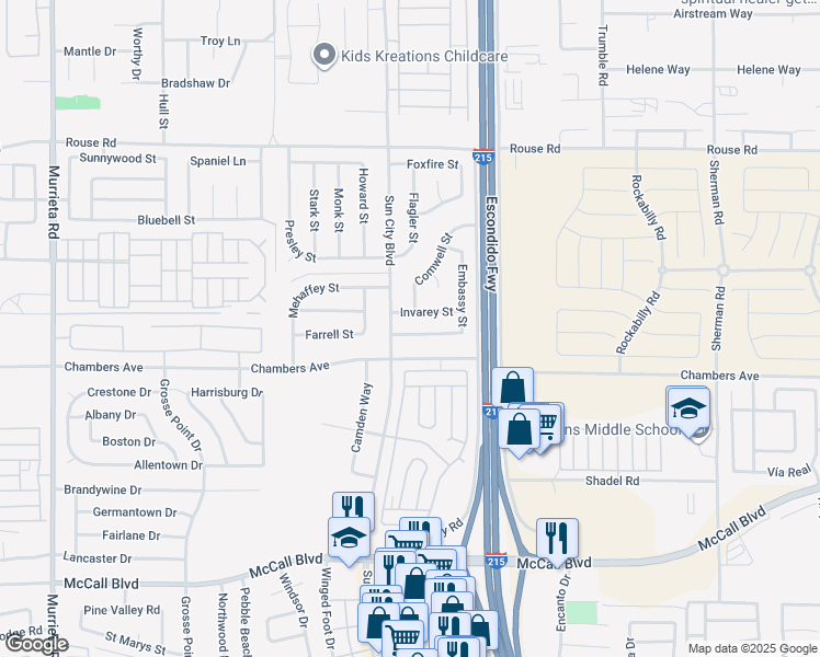 map of restaurants, bars, coffee shops, grocery stores, and more near 27465 Embassy Street in Menifee