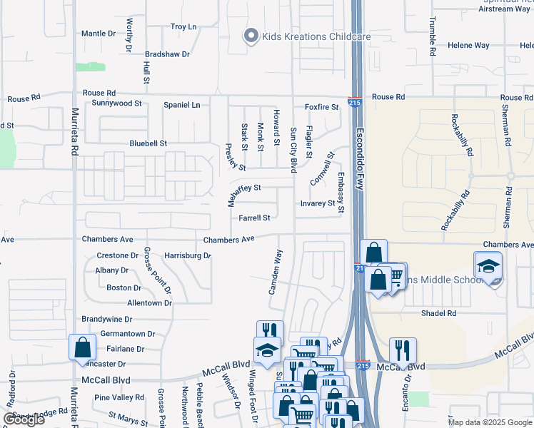 map of restaurants, bars, coffee shops, grocery stores, and more near 26654 Farrell Street in Menifee