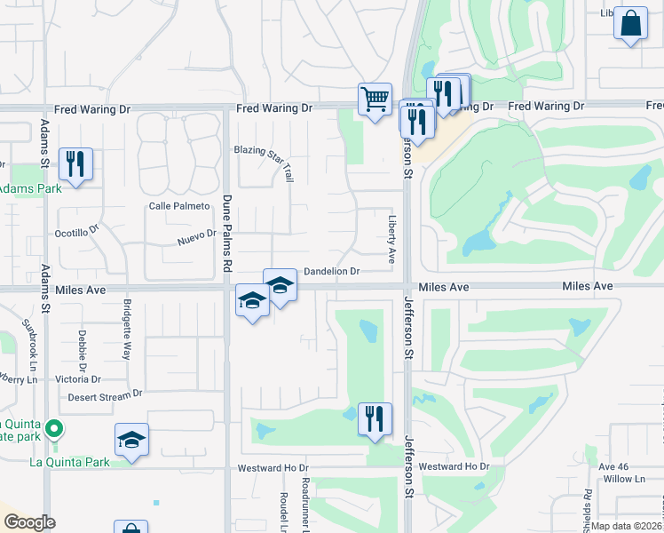 map of restaurants, bars, coffee shops, grocery stores, and more near 79788 Dandelion Drive in La Quinta
