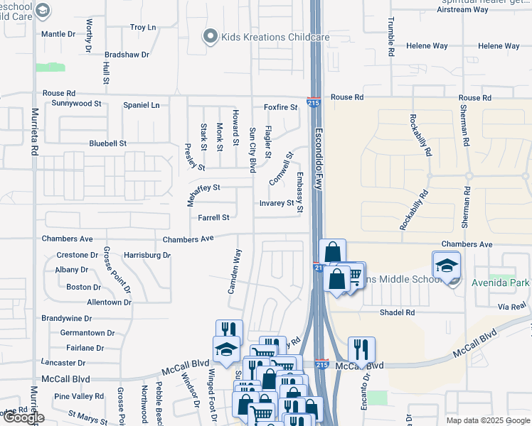 map of restaurants, bars, coffee shops, grocery stores, and more near 27465 Embassy Street in Menifee
