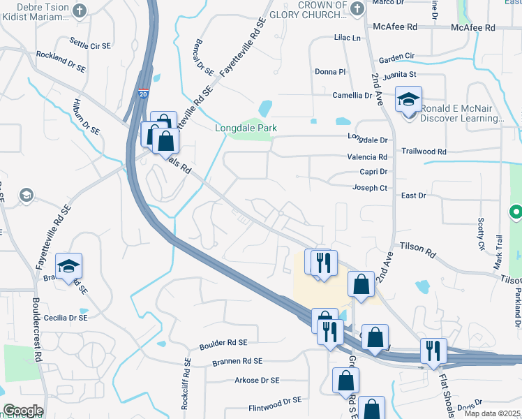 map of restaurants, bars, coffee shops, grocery stores, and more near 2134 Shropshire Lane Southeast in Atlanta