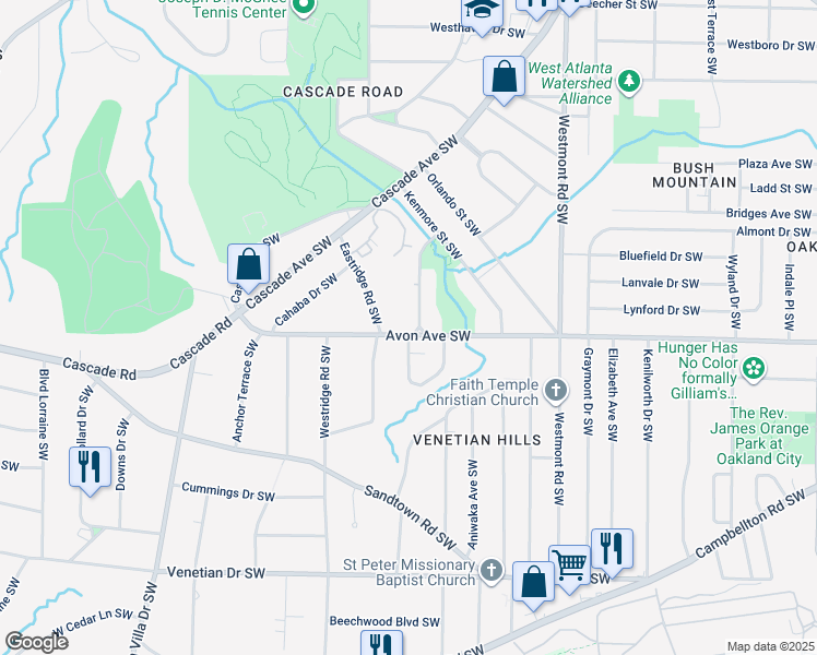 map of restaurants, bars, coffee shops, grocery stores, and more near 1195 Chatham Avenue Southwest in Atlanta