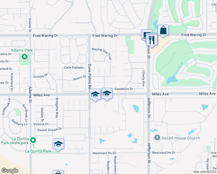 map of restaurants, bars, coffee shops, grocery stores, and more near 79598 Dandelion Drive in La Quinta